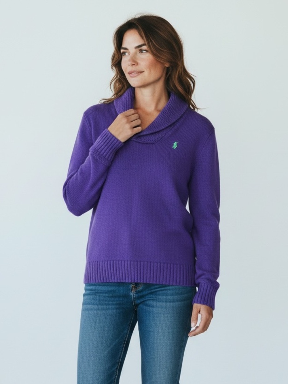 Ralph Lauren Purple Shawl-Collar Sweater with Green Pony